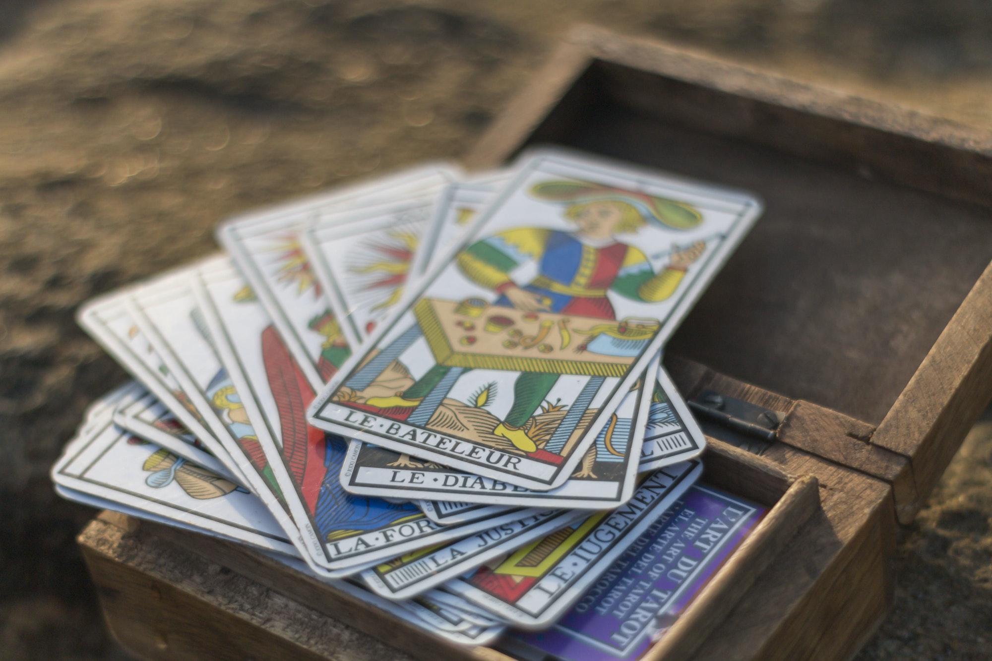 Selective focus of tarot cards in a box