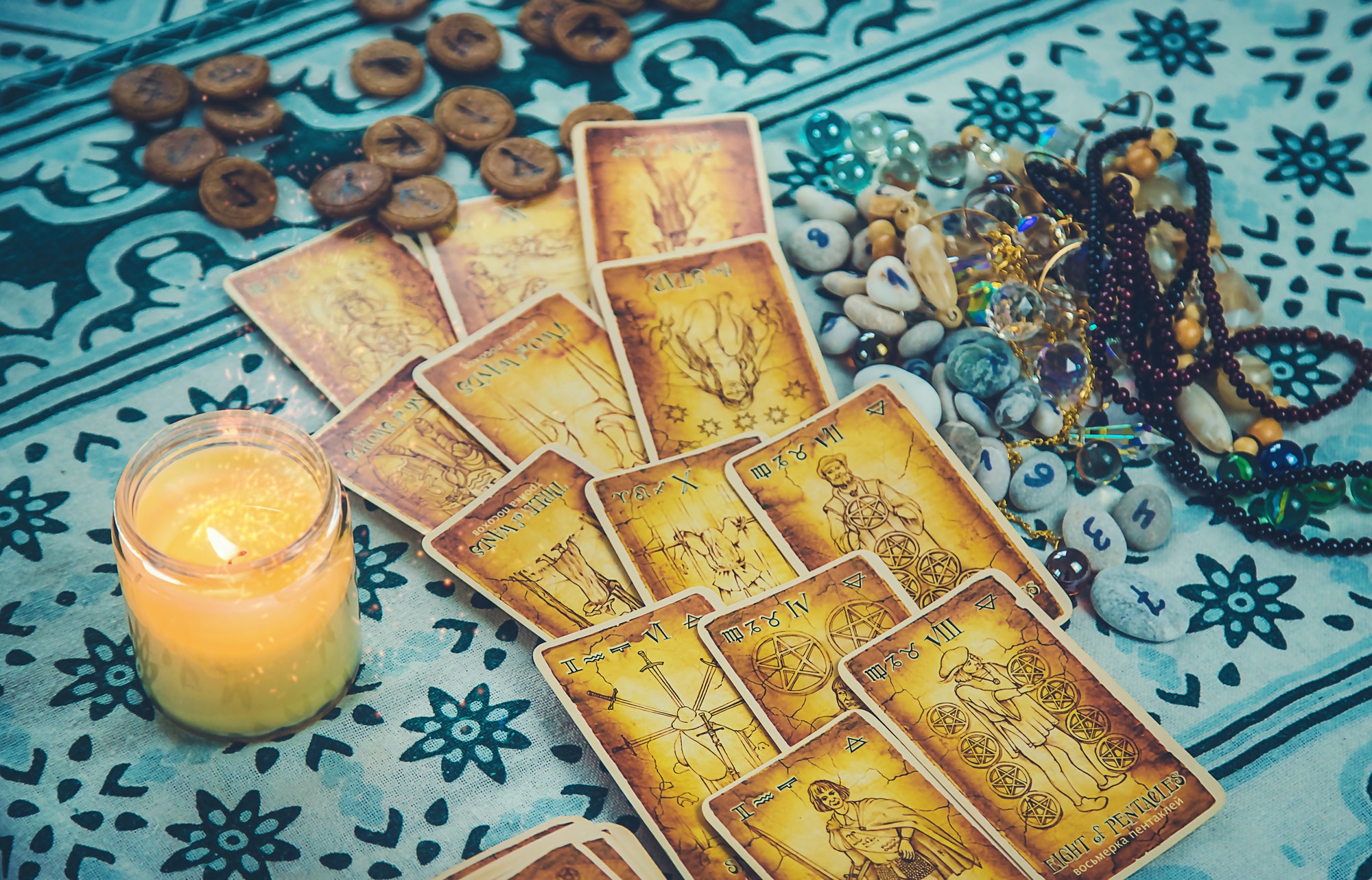 Tarot cards on the table. Selective focus.